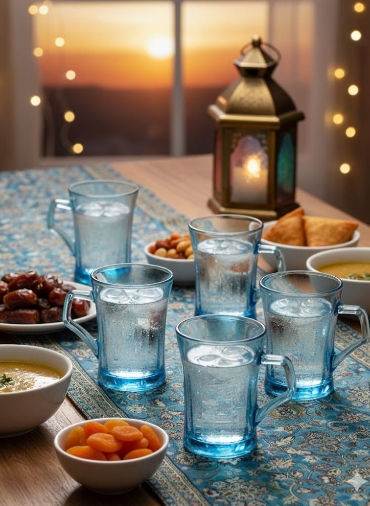 Premium Blue Glass Tea Mug Set of 6 pcs – Transparent Handle Cups for Tea, Coffee & Water - Image 2